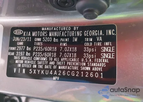 2012 Kia Sorento Ex V6 из США, поврежденный, VIN 5XYKU4A26CG212601